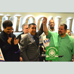 Hands Held High, TWU President Endorses Espaillat. Also in photo are TWU Local 100 Sec-Treasurer Earl Phillips and Councilman Ydanis Rodriguez